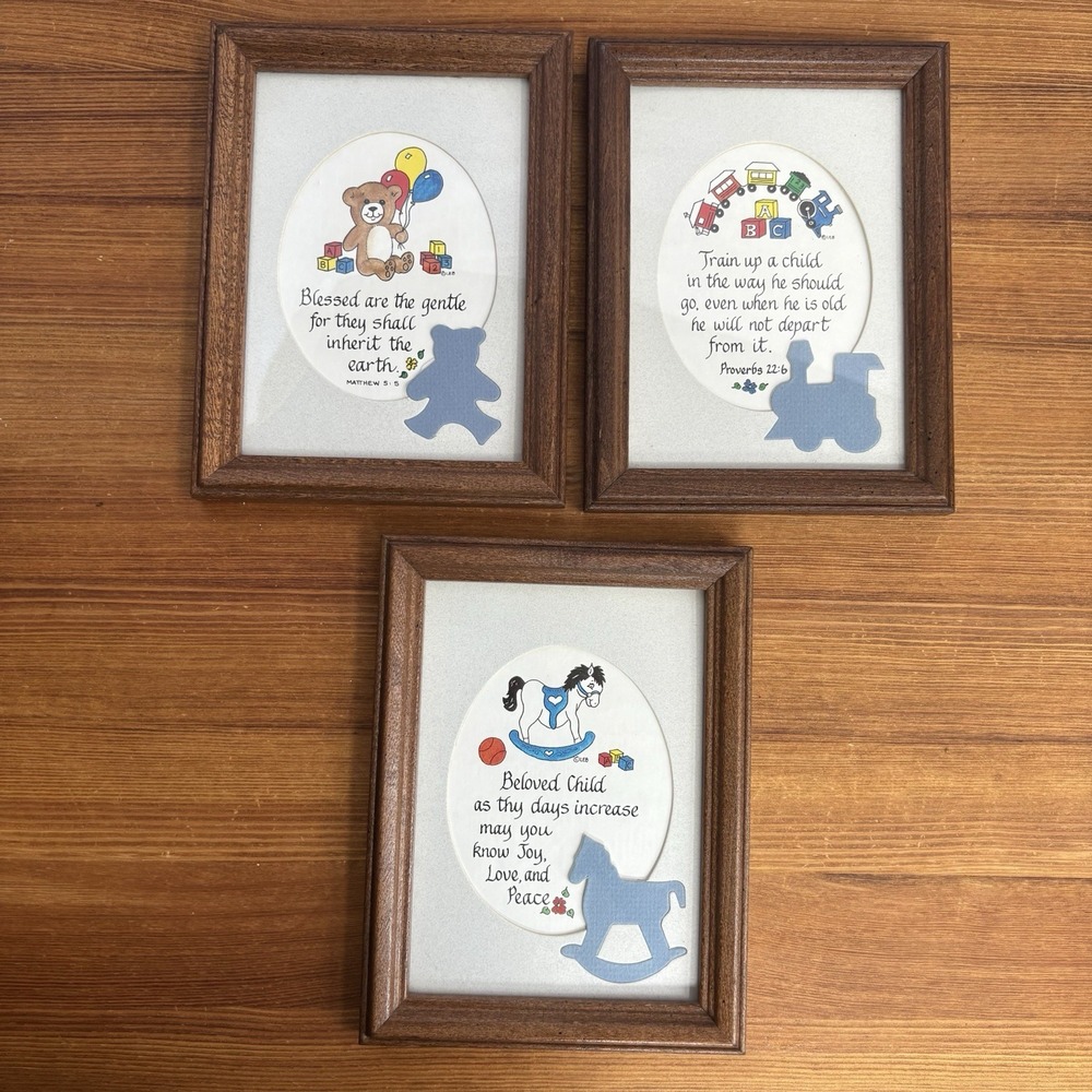 Set Of 3 Framed Religion Children Bible Verse Wall Art Bear Train Horse 8x6"